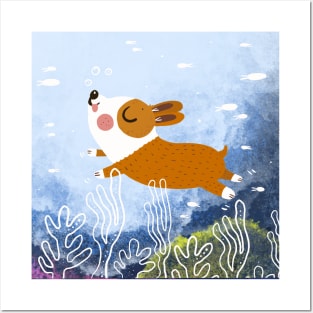 Underwater corgi Posters and Art